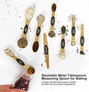 Detailed view of stackable metal measuring spoons set with double-sided design for baking.