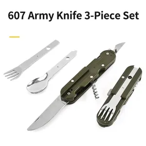 Set Posate da Campeggio Pieghevoli Portatili in Acciaio Inox Cucchiaio Forchetta Coltello Apribottiglie Rimovibili Con Borsa Verde Militare