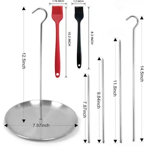 Stainless steel vertical BBQ roasting rack with detachable skewers and silicone basting brushes.
