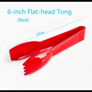 Macro view of 16cm red plastic food tongs for pastry and bread flat head detail