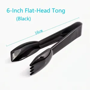 Close-up view of 16cm black plastic food tongs for pastry, bread, and buffet service.