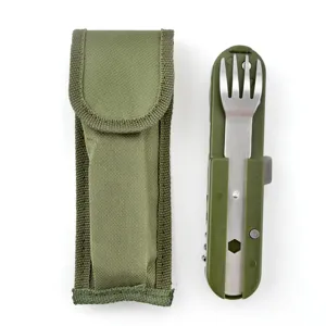 Set di posate da campeggio pieghevoli multifunzionali in acciaio inox con custodia verde