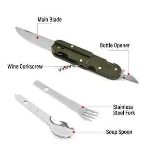Strumento da campeggio pieghevole multifunzione in acciaio inox con coltello, forchetta e cucchiaio.
