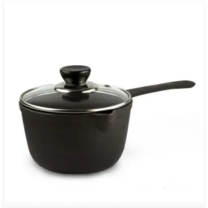 Heavy duty 16cm black cast iron mini milk pot with transparent glass lid for stove