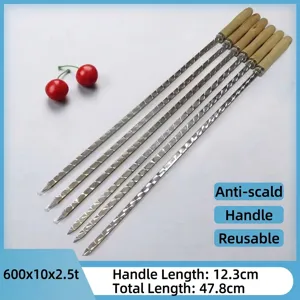 Set of 6 stainless steel flat BBQ skewers with heat-resistant wooden handles for outdoor grilling