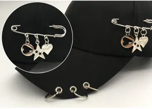 Black baseball cap with metal rings safety pin and star charms hip hop hat for men and women