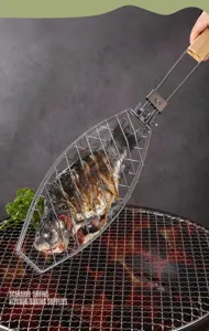 Cesta para parrilla de pescado de acero inoxidable con mango de madera para barbacoa.