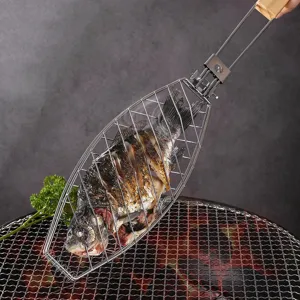Cesta para Asar Pescado de Hierro Galvanizado Con Mango de Madera Desmontable Red para Asar en Arco Herramienta de Barbacoa Antiadherente para Cocina al Aire Libre