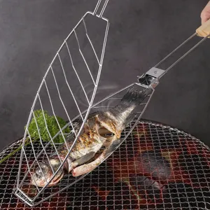 Cesta de parrilla para pescado de acero inoxidable con mango de madera para barbacoa