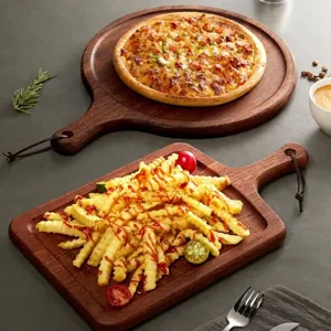 Hochwertiges Ebenholz-Serviertablett für Pizza und Steak mit natürlicher Maserung.