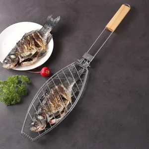 Cesta de parrilla para pescado de acero inoxidable con mango de madera para barbacoa.