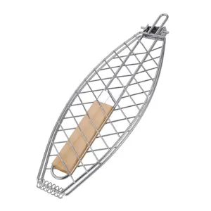 Cesta para parrilla de pescado de acero inoxidable con mango de madera, herramienta de barbacoa.