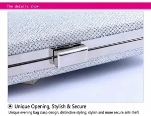 Silver glitter evening clutch bag metal clasp detail close-up view for formal party events.