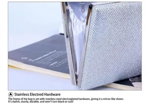 Detail view of the silver glitter evening clutch with stainless steel electroplated hardware frame.