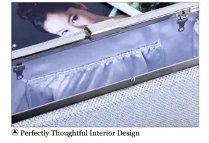 Details of the sparkling evening clutch bag showing interior lining, pocket and metal frame.