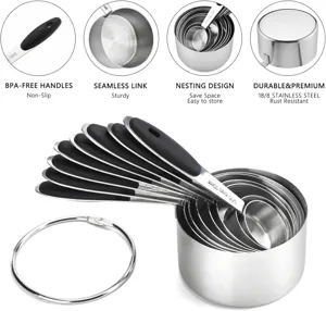 Detail view of 18/8 stainless steel measuring cups with non-slip BPA-free silicone handles