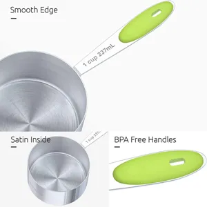 Close-up of stainless steel measuring cup features: smooth edge and satin interior