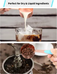 Close-up of rose gold measuring cup used for dry coffee beans and liquid milk