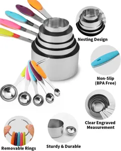 Detailed view of 10-piece stainless steel measuring set with non-slip silicone handles