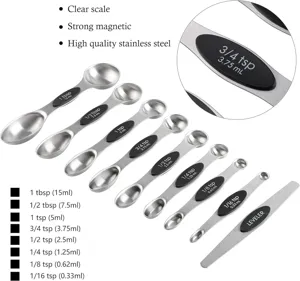 Detail view of 8-piece magnetic stainless steel measuring spoon set with leveler