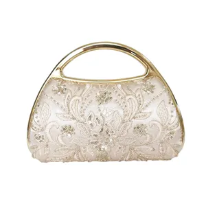 Bolso de Noche Vintage Bordado Floral Cartera de Mano de Satén Con Abalorios Y Cadena Asa de Metal Bolso de Mano Fiesta Boda Mujer