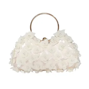 Women Floral Sequins Evening Bag Metallic Ring Handle Luxury Pearl Clasp Dinner Party Wedding Clutch Purse Chain Handbag