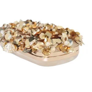 Stunning gold sequin evening clutch bag with metallic flower appliqués for women party.