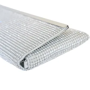 Women silver rhinestone evening clutch bag with metal edge for party wedding bridal handbag.