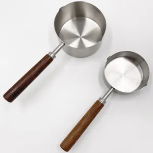 Stainless steel measuring cup set with wooden handle small oil pouring pot kitchen tool 2pcs