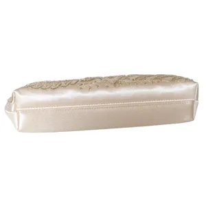 Elegant handmade satin evening clutch bag featuring intricate gold floral embroidery work.
