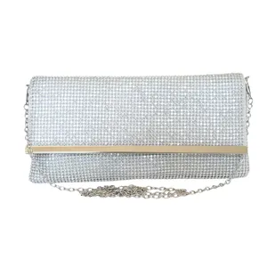 Elegant rhinestone evening clutch bag with metal trim, perfect for party and wedding events.