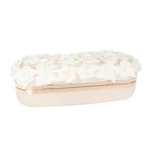 Elegant champagne evening clutch bag with white floral pearls and gold frame for party events