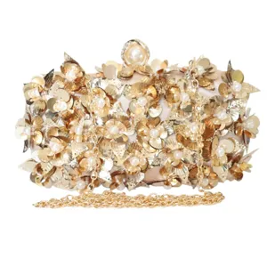 Gold sequin evening clutch bag with floral beaded design and detachable chain strap for women.