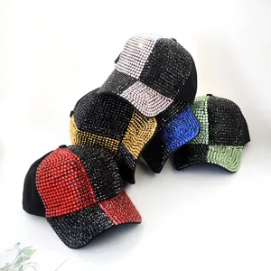 Gorra de Béisbol con Diamantes de Imitación de Mujer Moda Brillante Cuadros Casual