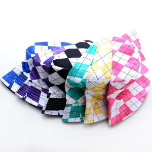 Fan-shaped stack of checkered bucket hats in various vibrant colors on white background