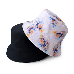 Reversible bucket hat with solid black and colorful abstract art print for casual outdoor wear.