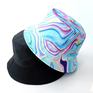 Detailed view of the double-sided bucket hat featuring a colorful marble and black design.