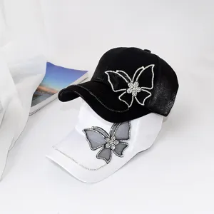 Women rhinestone butterfly baseball cap korean style fashion sun protection hat black white set