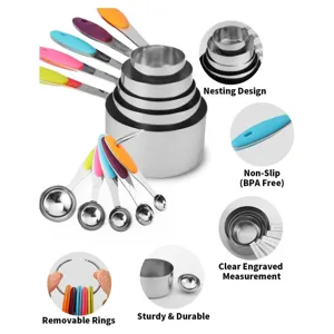 10-piece stainless steel measuring cups and spoons set with colorful silicone handles