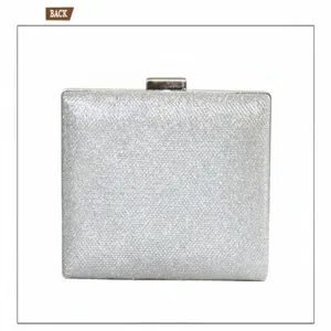 Silver glitter evening clutch bag detail view, elegant party purse with metal clasp closure.