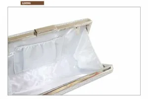 Silver glitter evening clutch bag interior detail, elegant party handbag with lining.