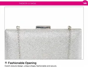 Sparkling silver glitter clutch detail, elegant chain strap and metal clasp for evening parties.