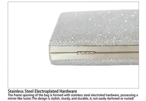 Glitter evening clutch bag detail showcasing premium stainless steel electroplated metal hinge.