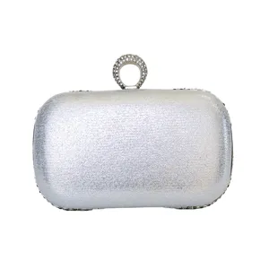 Elegant silver sparkling evening clutch bag with rhinestone ring handle for parties