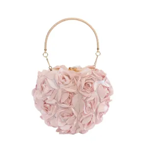 Elegant Polyester Heart Shaped 3D Rose Flower Evening Bag Fashion Luxury Rhinestone Clasp Handbag With Chain For Wedding Party Women