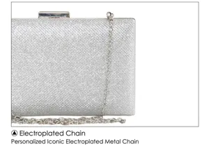 Silver glitter evening clutch bag detail view with metallic chain strap for women parties.
