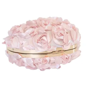 Elegant pink 3D rose flower evening clutch handbag with a luxurious gold metal frame