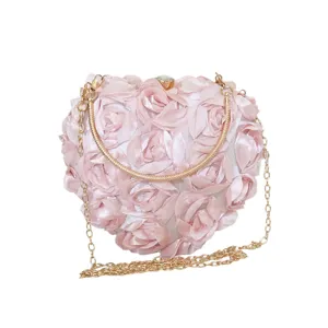 Elegant pink heart-shaped 3D rose flower evening clutch bag with gold chain strap