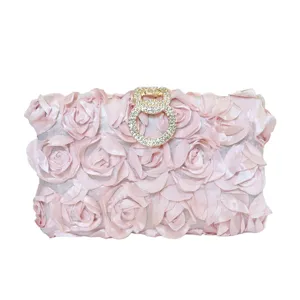 Elegant 3D Flower Evening Bag For Women Rhinestone Clasp Polyester Clutch With Chain Wedding Party Banquet Shoulder Purse