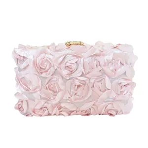 Pink 3D floral evening clutch bag, elegant wedding bridal handbag for women's party wear.